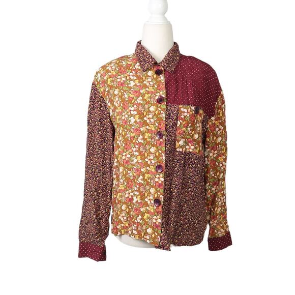 Vintage 90s Sophisticates burgundy red and yellow floral patchwork top S - Picture 1 of 5
